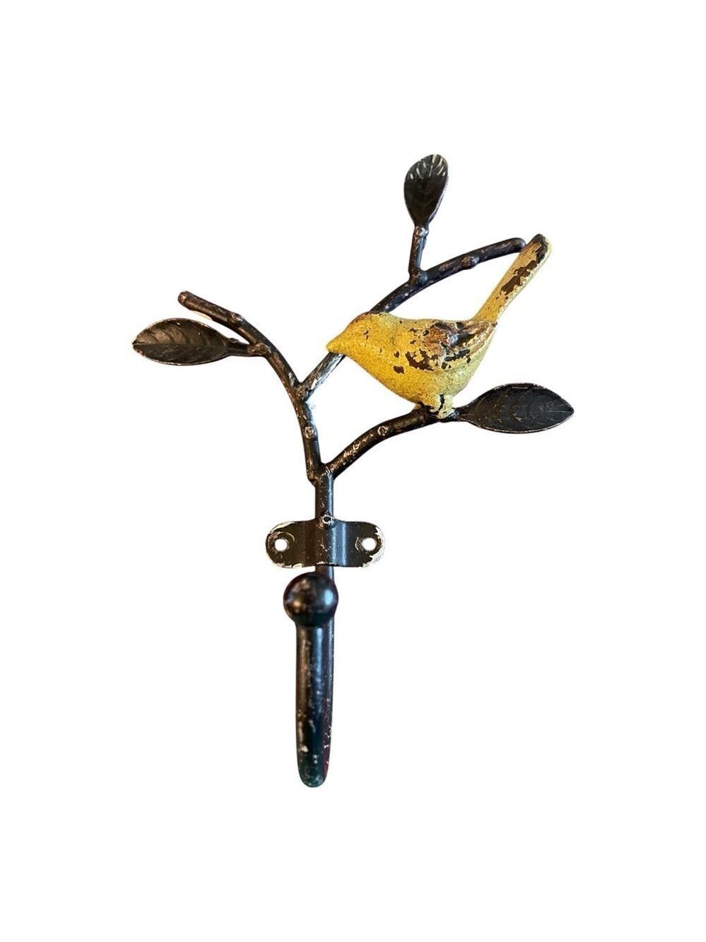 Distressed Metal Small Yellow Bird on Branch Wall Hook Hanging Towels Trinkets